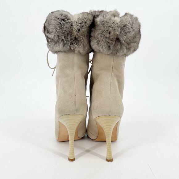 Manolo Blahnik Beige Suede Rabbit Fur Trim Lace Up Pointed Toe Bootie IT 37 - Picture 8 of 16